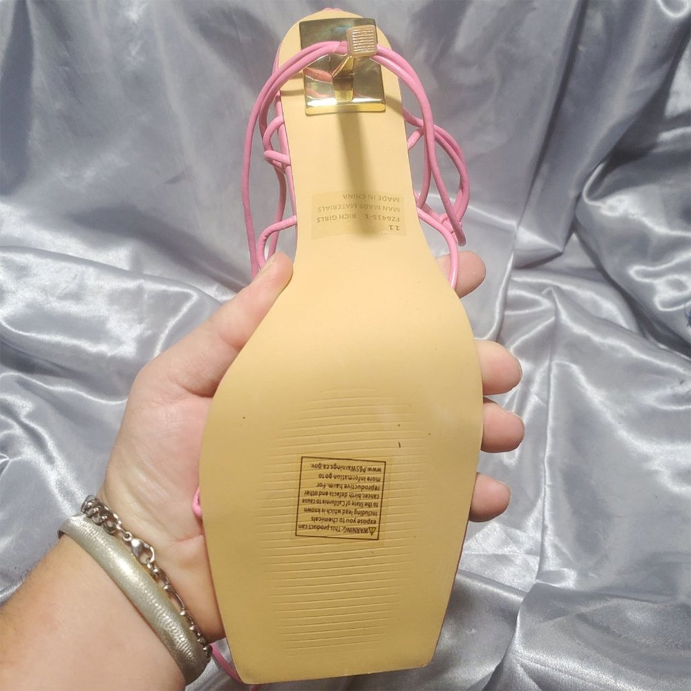 NEW FASHION NOVA pink lace up strappy thong gold heels SZ 11 - Picture 8 of 8